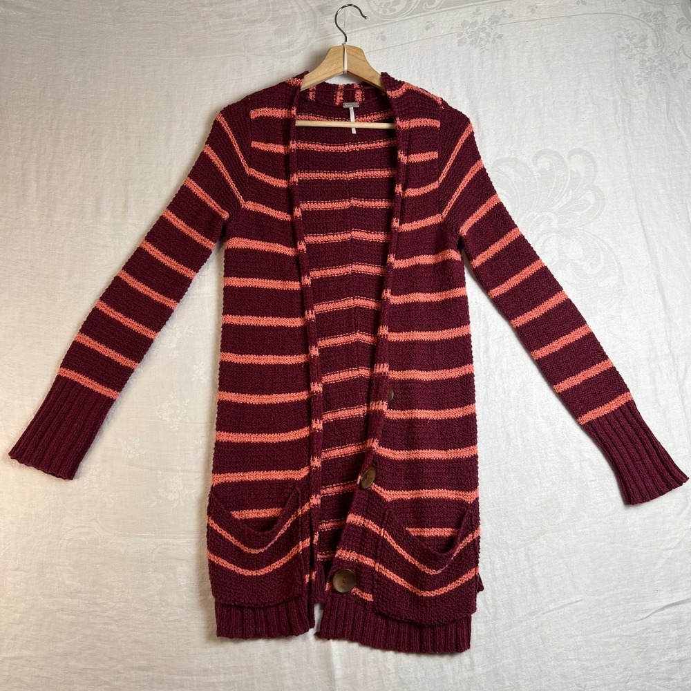 Free People Cardigan Women's Small Knit Beach Striped Longline Sweater Burgundy